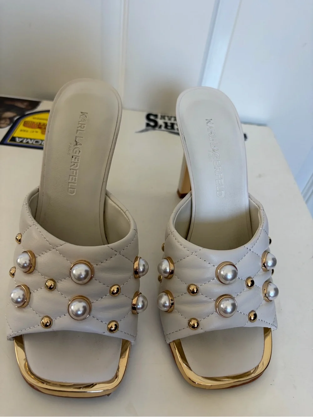 Karl Lagerfeld Ivory Pearl & Gold Stud High Heel Mules